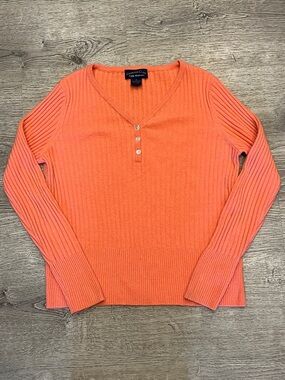 Charter Club Coral V-Neck Ribbed Henley Sweater 100% Cashmere Size M